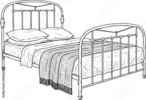 Vintage metal bed with pillows and a plaid blanket in a detailed line art illustration.