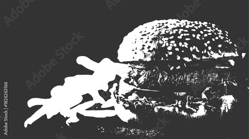 Black and white graphic of a hamburger with sesame seed bun and lettuce food fast