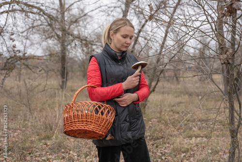 A woman in an autumn forest gathers boletus edulis mushrooms into a wicker basket while wearing a black quilted vest and red sleeves, creating a serene rustic foraging scene
