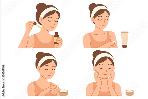 Woman applying cosmetic products in four steps for facial and body skincare routine