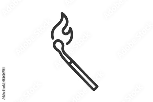 Minimalist black and white outline of a single burning matchstick with flame