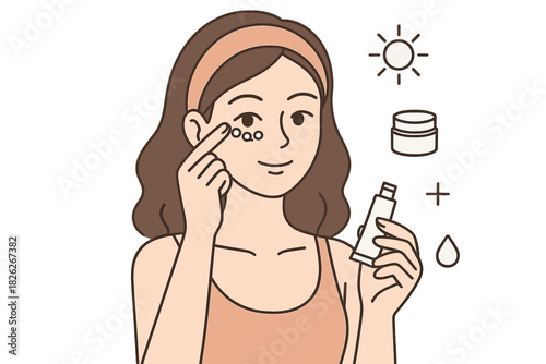 Smiling woman applying anti-aging eye cream to reduce wrinkles and dark circles