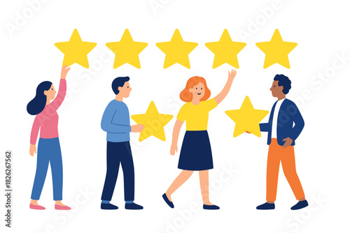 Diverse group of customers giving positive feedback and high ratings using large yellow stars
