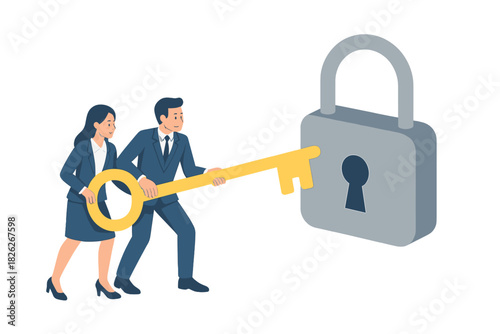 Professional business colleagues inserting a huge golden key into a large gray security lock