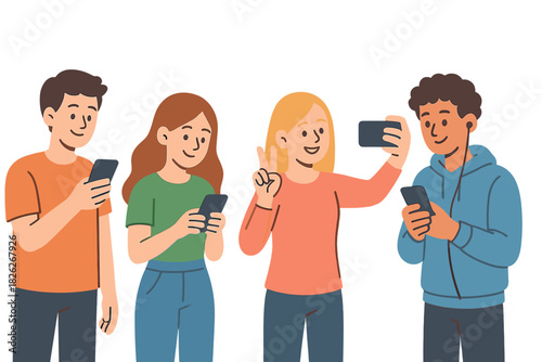 Diverse young people taking a selfie and interacting with mobile phones