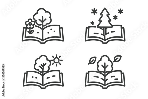 Open books depicting changing seasons with nature elements like trees, flowers, sun, and snow