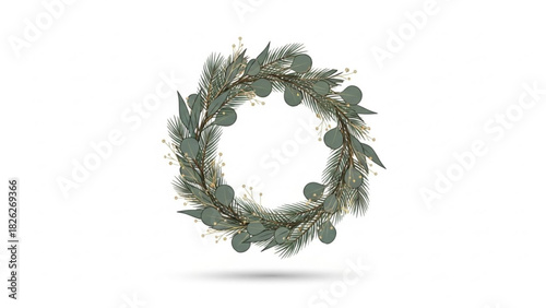 Elegant christmas wreath with pine needles and eucalyptus leaves isolated on white background