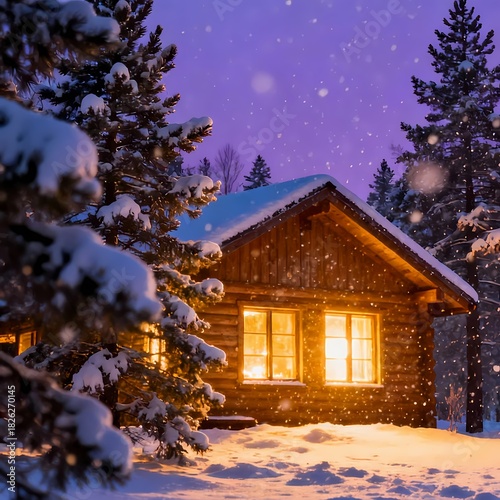 Cozy Wooden Cabin in Snowy Winter Forest at Twilight with Glowing Windows

