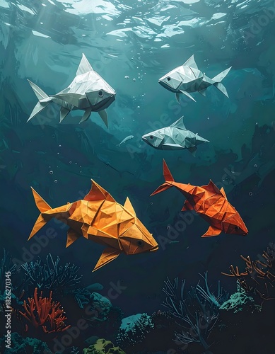 Four origami fish swim underwater amidst vibrant coral and sunlight