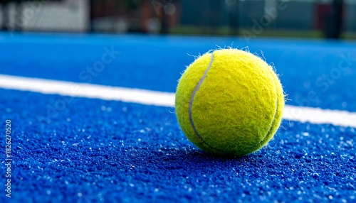 A bright yellow tennis ball sits on a textured blue court surface, next to a white line, creating a vibrant contrast.