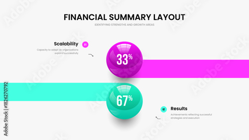 Enterprise Briefing Presentation Layout Vector Illustration. Financial Analysis Two Element Graph Slide Template. Service Review 2 Option Infographic Slideshow Design.