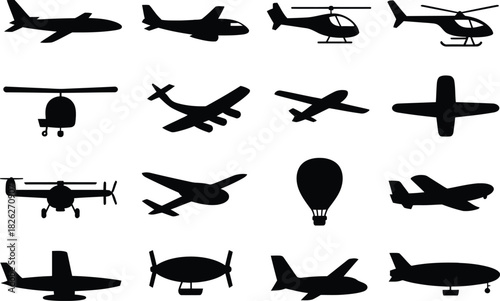 Silhouette Airplane and Helicopter Icons Set. Plane, Drone, Hot Air Balloon Vector Illustration