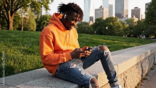 Young Black Man Relaxing Outdoors Using His Smartphone.