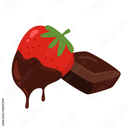 Strawberry dipped in melted chocolate with dripping drops and flowing glaze. Illustration for sweet dessert desig, cafe menu, packaging, and stickers