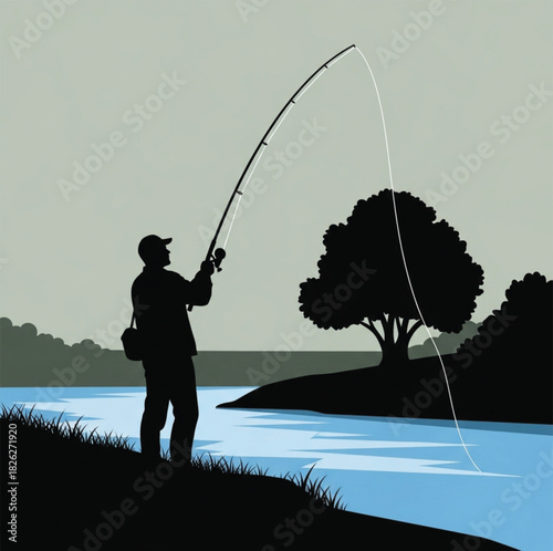 Fishing illustration with abstract elements featuring fisherman fish and water in a graphic style