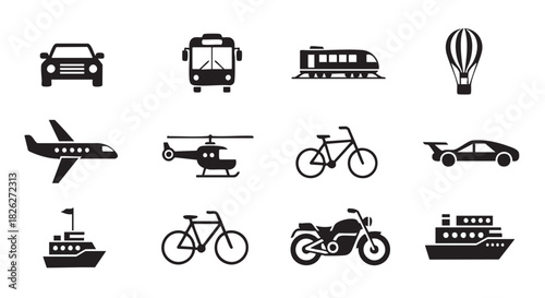 Collection of black and white transportation icons vector illustration set