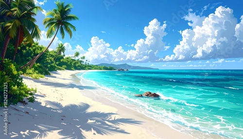 Fototapeta Naklejka Na Ścianę i Meble -  A bright, idyllic tropical beach scene with white sand, turquoise water, and palm trees under a sunny, blue sky