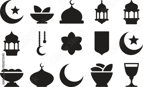 Silhouette Islamic Cultural Icons Set. Quran, Prayer Beads, Lantern, Religious Symbols Vector Illustration