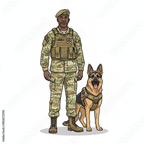 K9 military dog with vest standing proudly next to a veteran, vector illustration.
