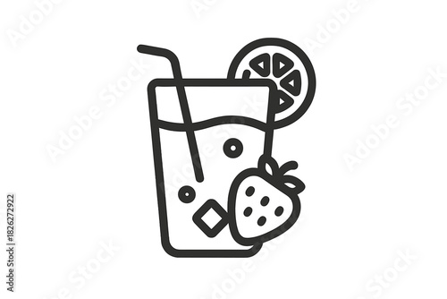Refreshing summer drink in a glass with a straw, ice, strawberry, and lemon slice garnish