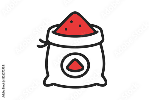 Tied sack overflowing with vibrant red spice powder ingredient for cooking