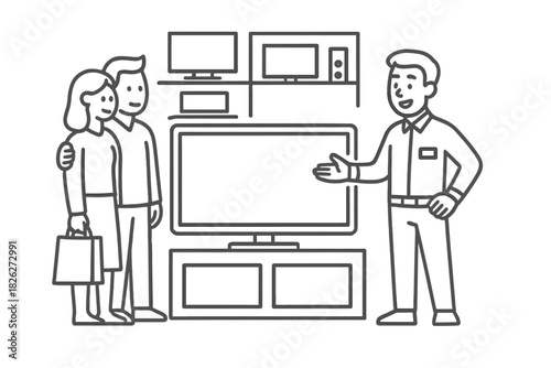 Salesman showing a large television screen to a young couple shopping for home electronics appliances