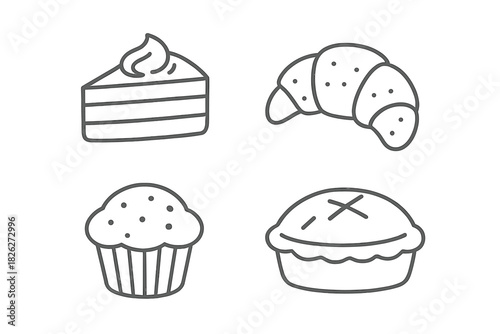 Simple outline symbols of popular bakery items including cake, croissant, muffin, and pie