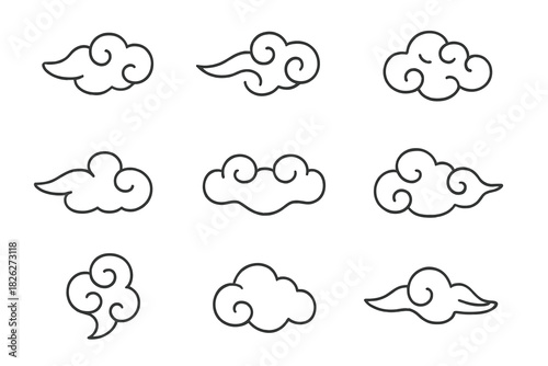 Set of nine traditional Asian auspicious cloud symbols in minimal thin outline style