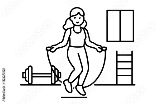 Young woman performing cardio exercise jumping rope indoors near gym equipment