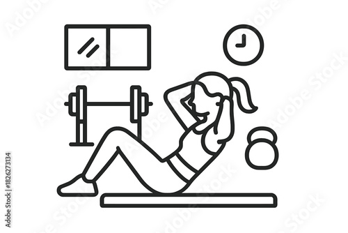 Woman performing abdominal crunches on a mat in a gym surrounded by workout equipment