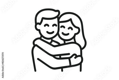 Minimalist black and white outline of a loving couple embracing tightly
