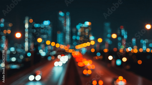 Blurred cityscape at night with traffic lights and skyscrapers in the background