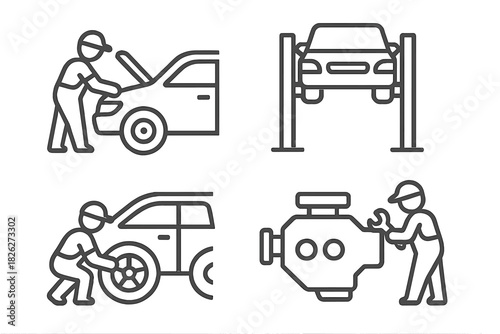 Outline symbols for automotive service, vehicle repair, mechanics, and engine maintenance