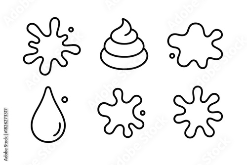 Set of outline symbols showing liquid splatters, drops, and a pile of waste
