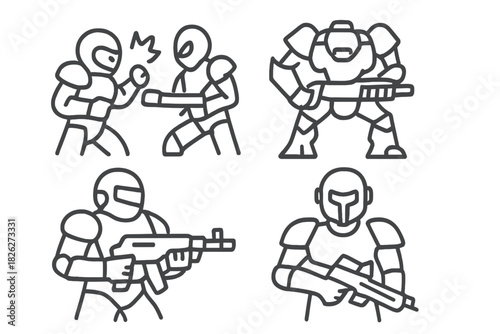 Armored futuristic soldiers fighting in combat and holding assault rifles