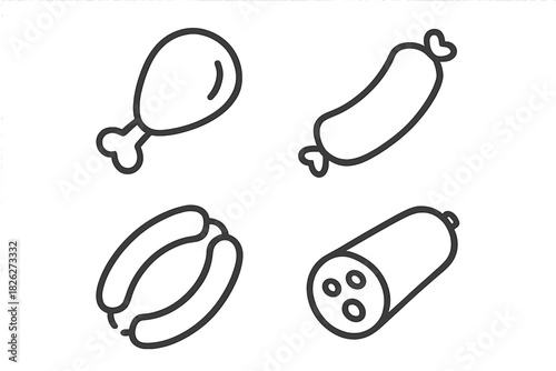 Outline symbols of raw meat products: chicken drumstick, sausage, and cold cuts