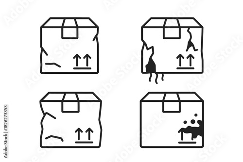 Damaged cardboard shipping boxes showing crushing, tearing, and water exposure