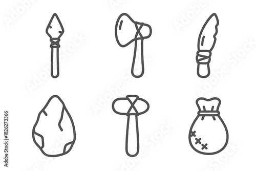 Set of prehistoric stone age tools and primitive weapons outline symbols