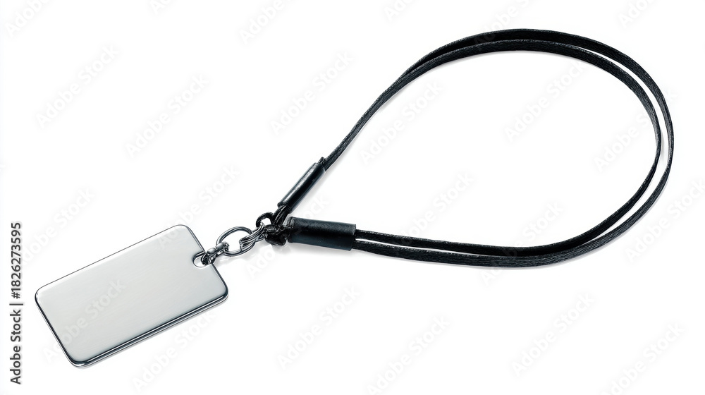 Fototapeta premium Blank metal ID badge with black lanyard on a white background. blank ID badge is perfect for adding custom text or logos for events or employee identification.