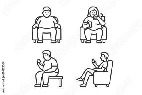 People sitting in chairs, engaging in sedentary activities like eating fast food and using mobile phones