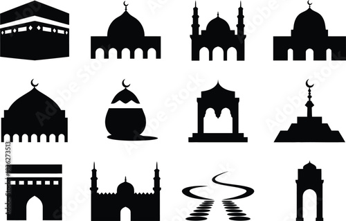 Silhouette Islamic Culture and Rituals Icons Set. Pilgrimage, Hajj, Faith Symbols Vector Illustration