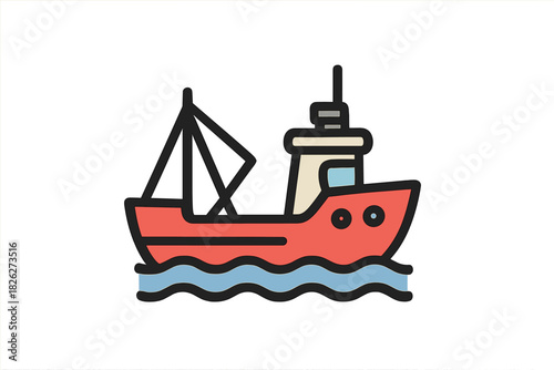 Simple colorful cartoon fishing boat sailing across wavy blue ocean water isolated on white