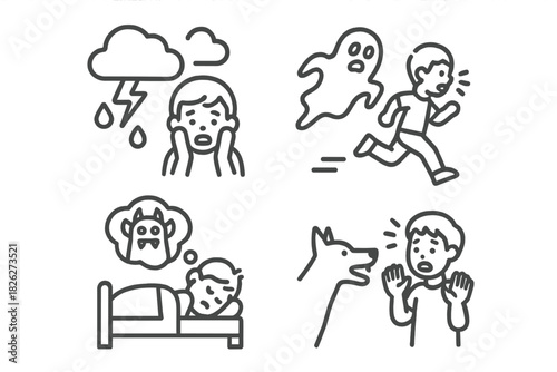 Simple outline icons depicting common human fears and anxiety triggers like ghosts, dogs, and nightmares