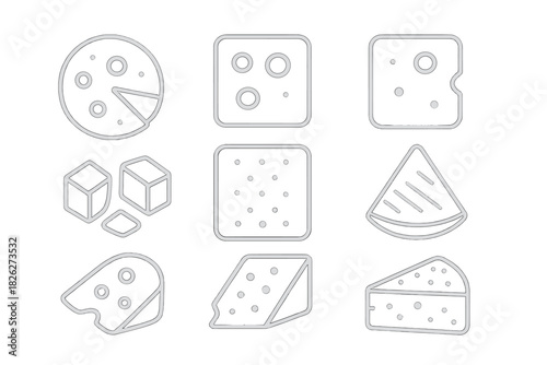 Set of line art icons showing different cheese blocks wedges and a pizza slice