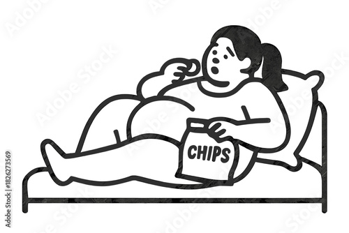 Overweight person relaxing on a bed while eating potato chips from a bag