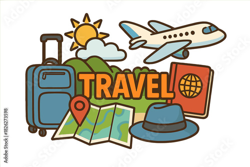 Travel concept collage with airplane, luggage, passport, map, and sun