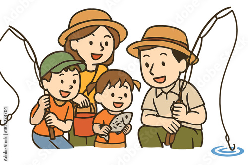 Happy family of four enjoying a fun summer fishing trip outdoors with fishing rods and a fresh catch