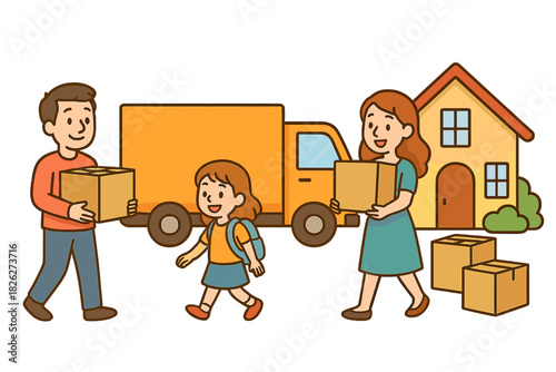 Happy family moving house with cardboard boxes and a yellow delivery truck