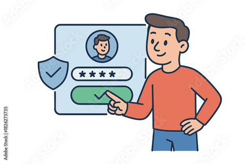 Young man confirming secure login credentials on a digital user profile interface
