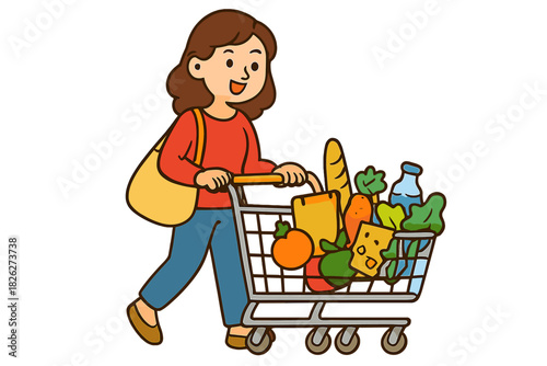 Smiling young woman pushing a metal shopping cart loaded with fresh produce and daily necessities